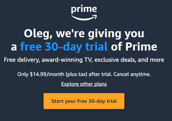 Try Amazon Prime Free for 30 Days