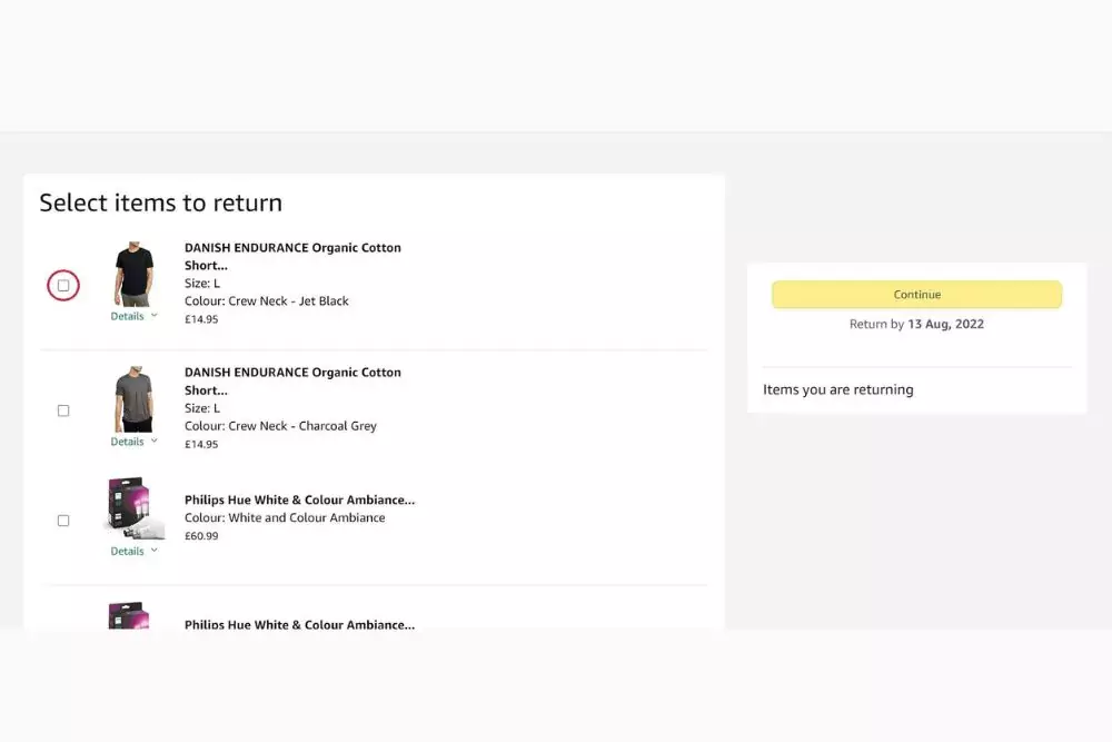 A screenshot highlighting the item selection process for returns