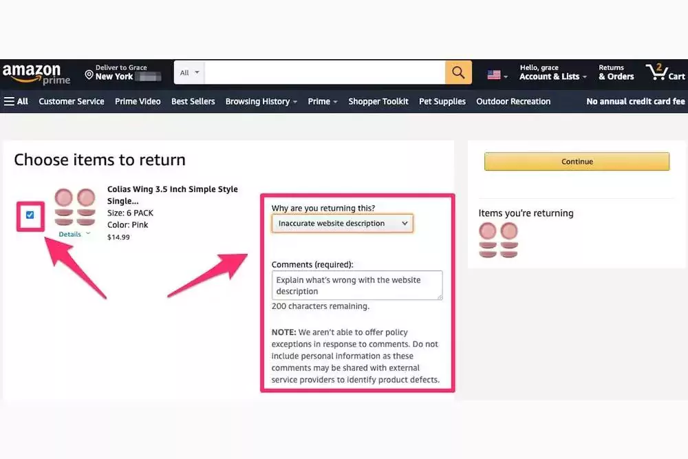 A screenshot highlighting the item selection process for returns