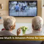 Amazon Prime logo with a group of happy seniors enjoying online shopping.