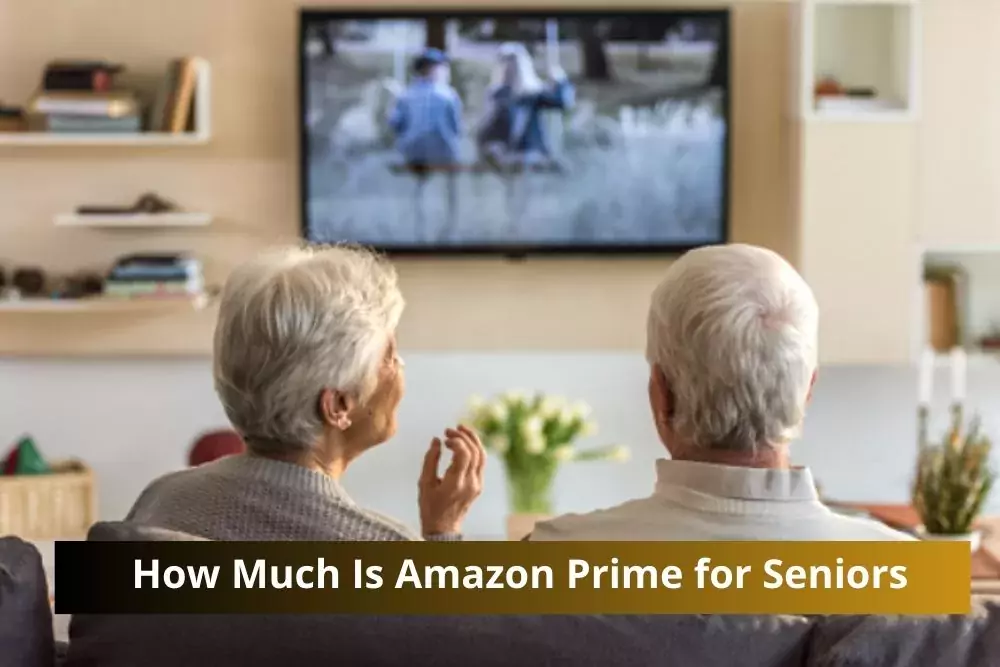 Amazon Prime logo with a group of happy seniors enjoying online shopping.