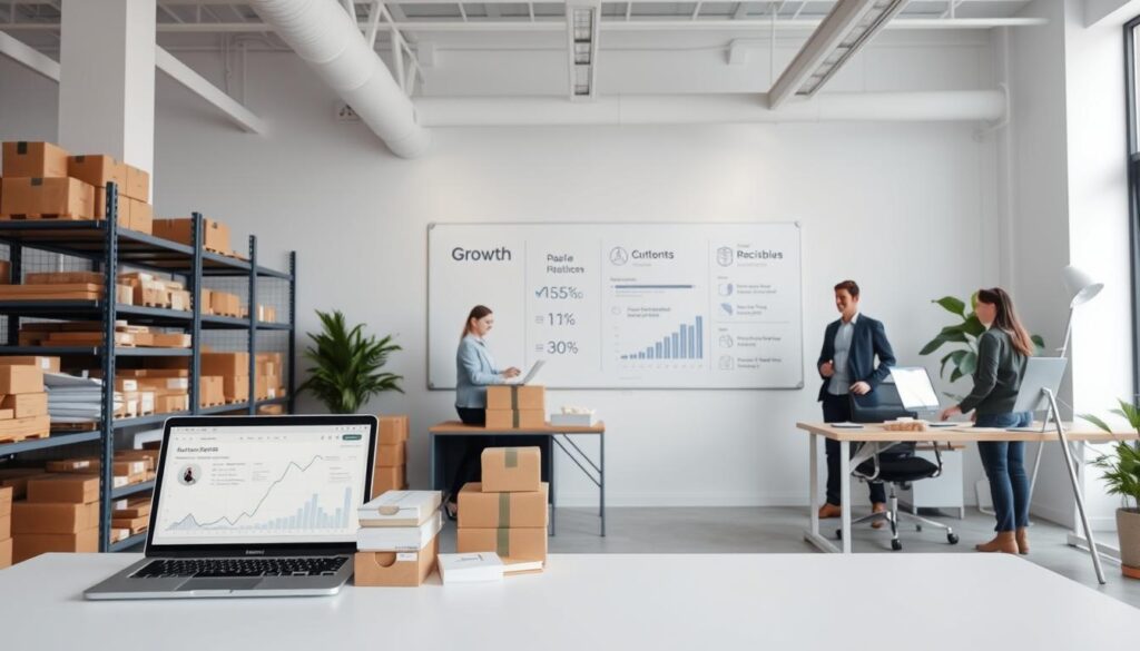 Prompt A modern, minimalist office interior with clean lines and ample natural light. In the foreground, a well-organized fulfillment station with shelves, shipping supplies, and a laptop displaying analytics data. In the middle ground, a team of customer service representatives engaged in a video call, providing personalized assistance. The background features a large, stylish whiteboard displaying growth metrics and strategic objectives. The overall atmosphere is one of efficient, data-driven operations that seamlessly scale to meet the demands of an e-commerce business. Prompt A modern, minimalist office interior with clean lines and ample natural light. In the foreground, a well-organized fulfillment station with shelves, shipping supplies, and a laptop displaying analytics data. In the middle ground, a team of customer service representatives engaged in a video call, providing personalized assistance. The background features a large, stylish whiteboard displaying growth metrics and strategic objectives. The overall atmosphere is one of efficient, data-driven operations that seamlessly scale to meet the demands of an e-commerce business.