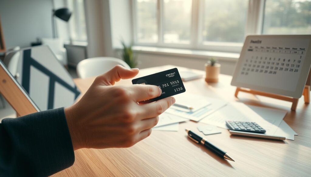A bright, airy workspace with a wooden desk showcasing an open laptop, a credit card, and a calendar highlighting key dates. Soft natural lighting filters in through large windows, casting a warm glow. In the foreground, a pair of well-manicured hands gesture towards the credit card, highlighting its benefits. The middle ground features various financial documents, a calculator, and a stylish pen, all neatly arranged. The background subtly depicts a modern, minimalist office setting, emphasizing efficiency and organization. The overall atmosphere conveys a sense of financial savvy and the optimization of credit card perks. A bright, airy workspace with a wooden desk showcasing an open laptop, a credit card, and a calendar highlighting key dates. Soft natural lighting filters in through large windows, casting a warm glow. In the foreground, a pair of well-manicured hands gesture towards the credit card, highlighting its benefits. The middle ground features various financial documents, a calculator, and a stylish pen, all neatly arranged. The background subtly depicts a modern, minimalist office setting, emphasizing efficiency and organization. The overall atmosphere conveys a sense of financial savvy and the optimization of credit card perks.