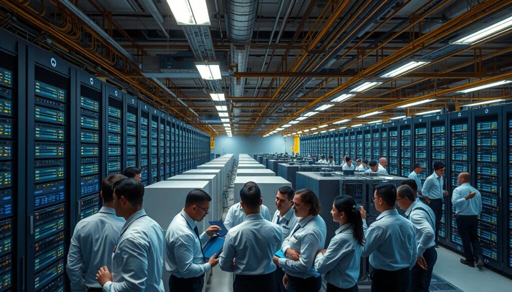 A bustling data center interior, lit by a soft glow of server racks and blinking indicator lights. In the foreground, a team of technicians in crisp uniforms collaborating intently, analyzing status screens and coordinating recovery efforts. The middle ground features rows of backup generators and cooling units, their mechanical hum underscoring the urgency. In the background, a panoramic view of the data hall, with cables snaking across the ceiling and engineers hurrying to restore full system functionality. The atmosphere is one of focused determination, as the team works to mitigate the outage and bring AWS services back online as quickly and safely as possible.