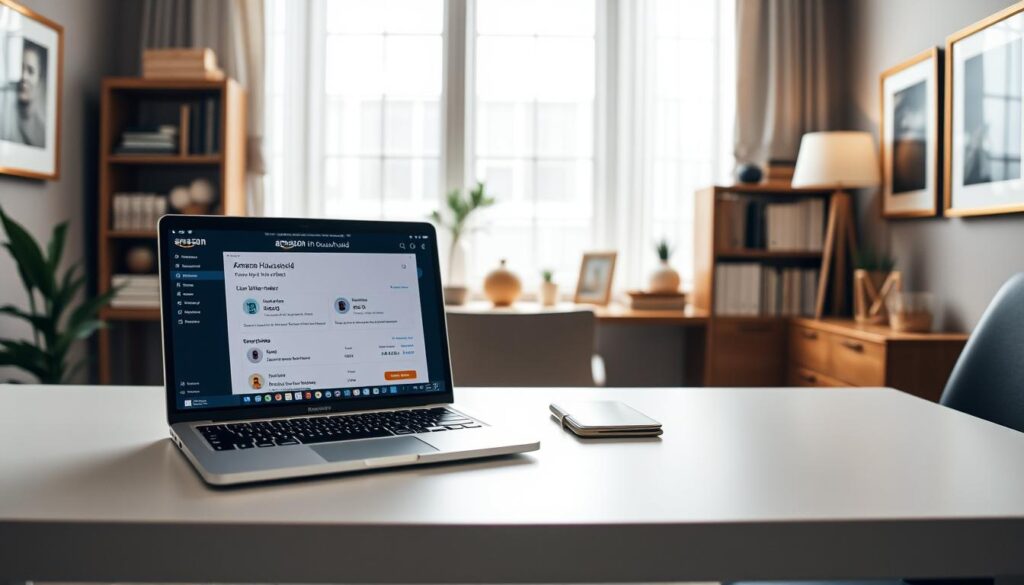 A cozy, contemporary home office with an Amazon Household setup on a sleek, minimalist desk. In the foreground, a laptop displays the Amazon Household management interface, showcasing how to hide orders. Soft, diffused lighting from a large window casts a warm glow, creating an atmosphere of privacy and productivity. The middle ground features carefully curated office supplies and decor, suggesting a professional yet personalized workspace. In the background, bookshelves and framed artwork add depth and a sense of refinement to the scene. The overall composition conveys a sense of control, organization, and the ability to maintain a discreet online shopping history.