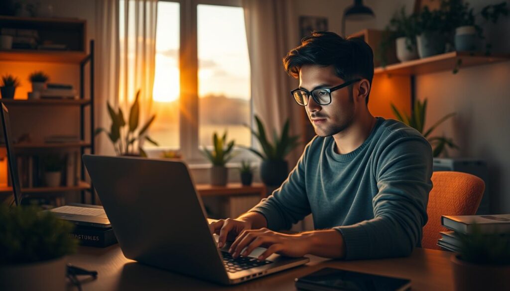 A cozy home office setting with a person diligently working on a laptop, surrounded by a neatly organized desk, shelves, and plants. Warm, soft lighting illuminates the scene, creating a calming and focused atmosphere. The person's expression conveys a sense of determination and problem-solving as they navigate an issue, their fingers moving swiftly across the keyboard. In the background, a window provides a glimpse of a serene, nature-inspired landscape, hinting at the balance between work and personal well-being.