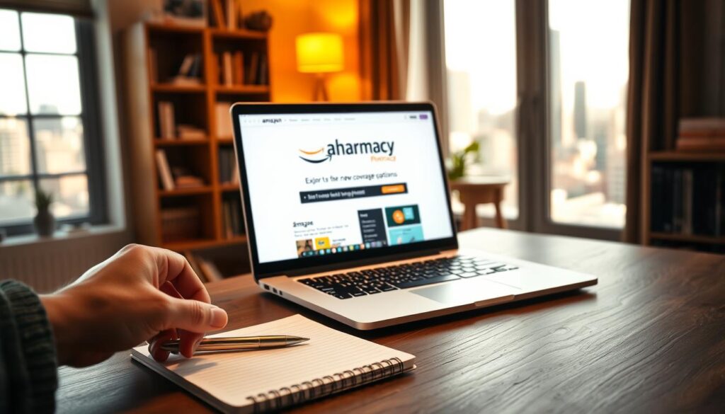 A cozy, well-lit office scene with a laptop, notepad, and pen on a wooden desk. In the background, a bookshelf and a window overlooking a city skyline. Warm lighting casts a soft glow, creating a welcoming and productive atmosphere. The laptop screen displays a webpage with the "Amazon Pharmacy" logo and "Medicare" information. A hand reaching out, ready to start exploring the new coverage options. The composition is balanced, with a clear focal point and a sense of depth.