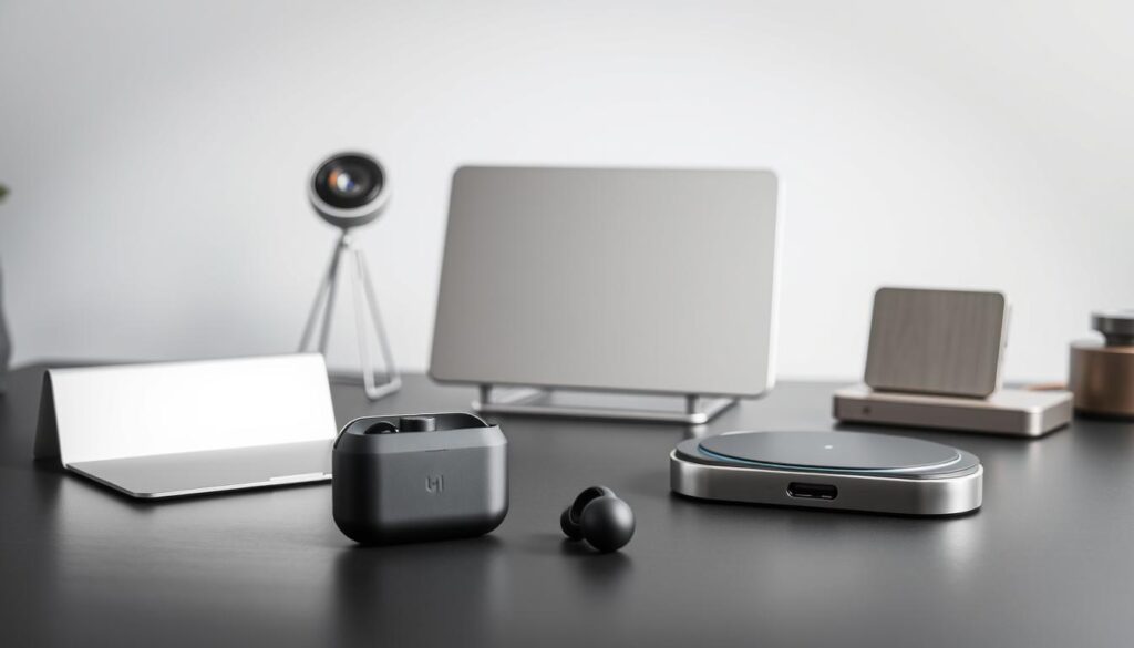 A meticulously curated collection of premium tech accessories arranged in a clean, modern composition. In the foreground, a sleek, silver smartphone stand and a pair of high-end wireless earbuds with a minimalist, matte black design. In the middle ground, a slim, aluminum laptop stand and a high-definition webcam with a brushed metal finish. In the background, a stylish wireless charging pad and a compact, aluminum USB hub. Bathed in soft, diffused lighting that accentuates the smooth textures and sharp lines of the products, creating an atmosphere of elegant sophistication.