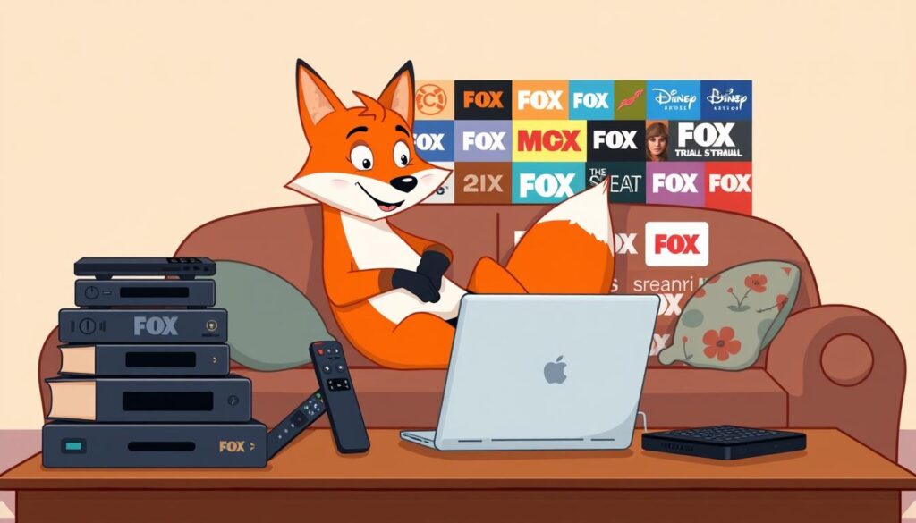 A playful, whimsical illustration of a fox lounging on a couch, surrounded by various free trial content options from the Fox network. The fox has a mischievous expression, hinting at the joy of exploring free entertainment. In the foreground, a stack of streaming devices, remote controls, and a laptop showcase the diverse platforms to access Fox's offerings. The middle ground features an array of Fox's popular show logos and icons, creating a vibrant, eye-catching collage. The background is a soft, warm-toned living room setting, emphasizing the comfort and convenience of accessing Fox content from home. The overall mood is one of discovery, accessibility, and the delight of getting something for free.
