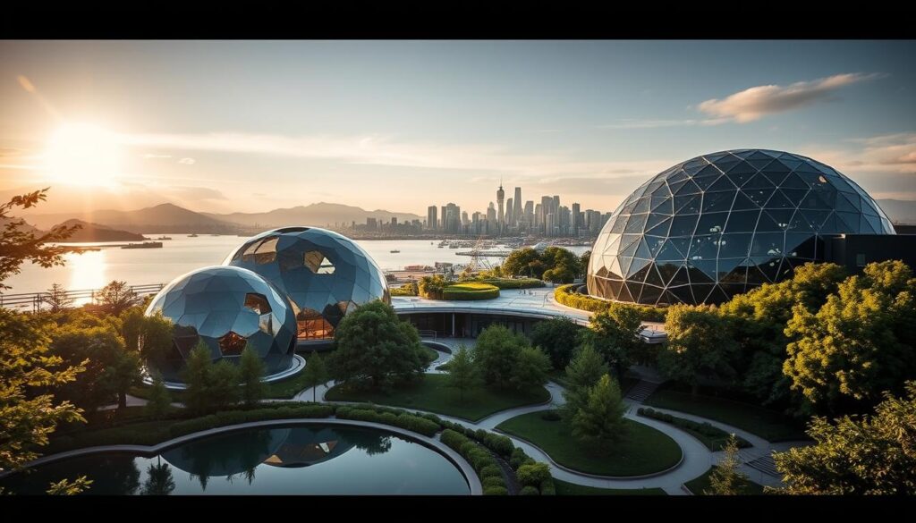 A serene and modern architectural marvel, the Amazon Spheres campus rises majestically against the backdrop of the Puget Sound. Capturing the interplay of glass, steel, and verdant foliage, the scene showcases the striking spherical structures surrounded by a lush, meticulously landscaped urban oasis. Warm afternoon sunlight filters through the translucent domes, casting a soft, natural glow over the entire setting. In the foreground, a tranquil reflection pool mirrors the spheres, creating a sense of harmony and balance. The middle ground features a network of winding pathways, inviting visitors to explore the verdant grounds. In the distance, the iconic Seattle skyline and the majestic Olympic Mountains provide a picturesque backdrop, completing this visually captivating tableau.
