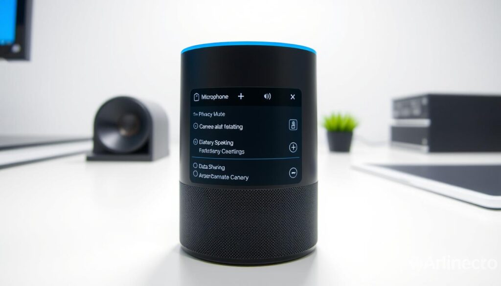 A sleek and modern Amazon Echo device sits prominently on a clean, minimalist desk. Its surface displays a series of intuitive privacy controls, including toggles for microphone mute, camera disable, and various data sharing options. The lighting is bright yet diffused, creating a crisp, professional atmosphere. The camera angle is slightly elevated, providing a clear and comprehensive view of the device and its settings. The surrounding environment is neutral, allowing the Echo and its privacy features to be the focal point of the image. A sleek and modern Amazon Echo device sits prominently on a clean, minimalist desk. Its surface displays a series of intuitive privacy controls, including toggles for microphone mute, camera disable, and various data sharing options. The lighting is bright yet diffused, creating a crisp, professional atmosphere. The camera angle is slightly elevated, providing a clear and comprehensive view of the device and its settings. The surrounding environment is neutral, allowing the Echo and its privacy features to be the focal point of the image.