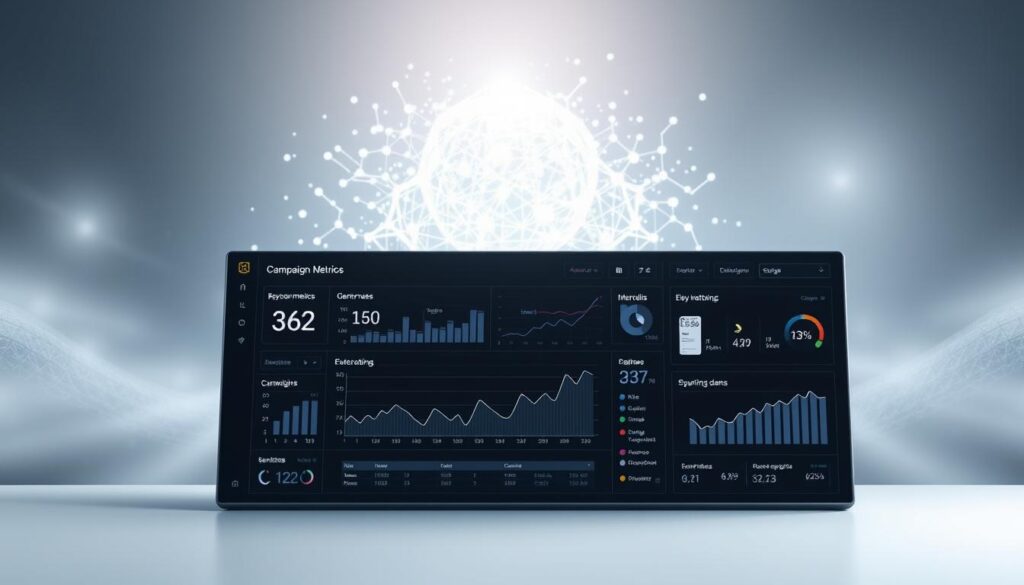 A sleek, minimalist dashboard showcasing key campaign metrics against a backdrop of a stylized, ethereal data visualization. The foreground displays a clean, responsive UI with charts, graphs, and KPIs, rendered in a crisp, monochromatic color scheme. In the middle ground, an abstract, glowing data matrix pulses with energy, hinting at the underlying complexity of the metrics. The background features a soft, atmospheric gradient, adding depth and a sense of technological sophistication. Subtle lighting casts a gentle glow, creating a balanced, professional tone. The overall composition conveys a data-driven, omnichannel approach to campaign performance measurement.