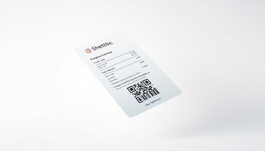 A sleek, minimalist digital gift receipt floating against a white background, with a subtle metallic sheen and soft shadows. The receipt appears to be a translucent holographic display, showcasing product details, a transaction summary, and a QR code for easy returns. The lighting is soft and directional, highlighting the clean lines and modern aesthetic, conveying a sense of professionalism and convenience for the gift giver.