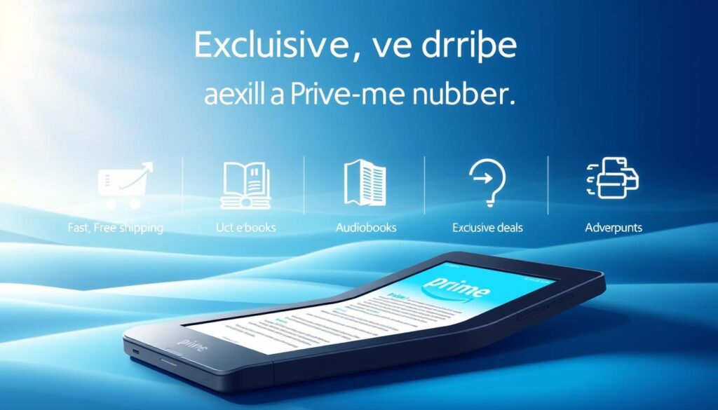 A vibrant digital illustration showcasing the exclusive benefits of Amazon Prime membership. In the foreground, a sleek Kindle Paperwhite device is prominently displayed, its screen illuminated with a glowing "Prime" logo. The middle ground features a trio of icons representing the key advantages of Prime: fast, free shipping, unlimited access to e-books and audiobooks, and exclusive deals and discounts. The background is a cool-toned, gradient-filled landscape, evoking a sense of technological sophistication and digital convenience. Soft lighting and a polished, minimalist aesthetic create an aspirational, premium atmosphere, highlighting the value and prestige of Prime membership.
