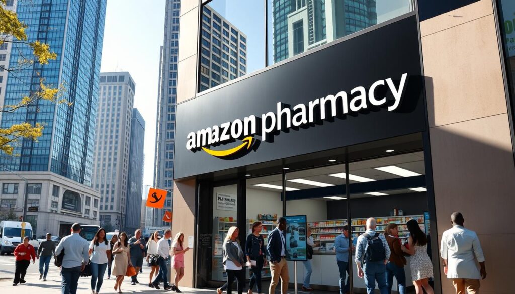 A vibrant, high-resolution image of the Amazon Pharmacy storefront, captured in a crisp, sunny morning light. The sleek, modern facade features the iconic Amazon smile logo and prominent signage. In the foreground, a diverse group of customers are entering and exiting the pharmacy, creating a sense of activity and accessibility. The middle ground showcases the pharmacy's well-stocked shelves and efficient checkout counters, hinting at the wide range of medications available. In the background, the bustling city streets and towering Amazon headquarters buildings provide context, conveying the integration of this pharmacy within the broader Amazon ecosystem. The overall scene radiates a professional, trustworthy, and customer-centric atmosphere. A vibrant, high-resolution image of the Amazon Pharmacy storefront, captured in a crisp, sunny morning light. The sleek, modern facade features the iconic Amazon smile logo and prominent signage. In the foreground, a diverse group of customers are entering and exiting the pharmacy, creating a sense of activity and accessibility. The middle ground showcases the pharmacy's well-stocked shelves and efficient checkout counters, hinting at the wide range of medications available. In the background, the bustling city streets and towering Amazon headquarters buildings provide context, conveying the integration of this pharmacy within the broader Amazon ecosystem. The overall scene radiates a professional, trustworthy, and customer-centric atmosphere.