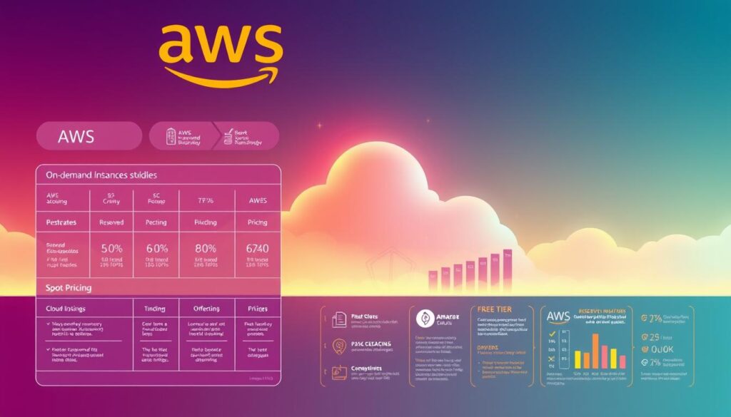 A vibrant, visually striking illustration of the AWS cloud pricing landscape. The foreground showcases a detailed breakdown of AWS pricing models, from on-demand instances to reserved and spot pricing, rendered in a clean, infographic-style layout. The middle ground features dynamic icons and data visualizations highlighting AWS's free tier offerings and cost optimization strategies. In the background, a sleek, minimalist AWS cloud infrastructure emerges, bathed in warm, directional lighting that creates a sense of depth and technical sophistication. The overall composition conveys a comprehensive, yet accessible overview of the AWS pricing ecosystem, making it an ideal visual companion to the article's "Amazon Web AWS Pricing, Free Tier, and Cost Optimization Strategies" section. A vibrant, visually striking illustration of the AWS cloud pricing landscape. The foreground showcases a detailed breakdown of AWS pricing models, from on-demand instances to reserved and spot pricing, rendered in a clean, infographic-style layout. The middle ground features dynamic icons and data visualizations highlighting AWS's free tier offerings and cost optimization strategies. In the background, a sleek, minimalist AWS cloud infrastructure emerges, bathed in warm, directional lighting that creates a sense of depth and technical sophistication. The overall composition conveys a comprehensive, yet accessible overview of the AWS pricing ecosystem, making it an ideal visual companion to the article's "Amazon Web AWS Pricing, Free Tier, and Cost Optimization Strategies" section.