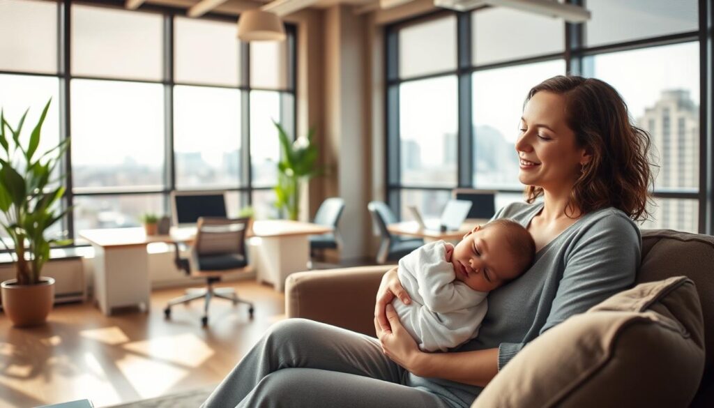 A warm and inviting scene of a modern office space with large windows, bathed in natural light. In the foreground, a woman sits comfortably on a couch, cradling a newborn baby in her arms, her expression one of pure joy and contentment. The middle ground features a stylish, minimalist workspace, with laptops, potted plants, and other office accoutrements, suggesting a supportive and family-friendly work environment. The background showcases a cityscape, hinting at the bustling urban setting. The overall atmosphere is one of tranquility, balance, and the celebration of work-life harmony, capturing the essence of Amazon's generous parental leave policy.
