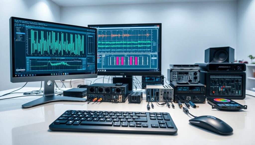 A well-lit and detailed workspace showcasing an array of technology tools for DSP operations. In the foreground, a high-resolution computer monitor displays intricate digital signal processing software, surrounded by a sleek, modern desktop setup with a tactile keyboard and precision mouse. In the middle ground, an assortment of specialized hardware components - from audio interfaces and digital mixers to IoT sensors and connectivity modules - are neatly arranged, conveying a sense of organized efficiency. The background features a clean, minimalist environment with subtle ambient lighting, highlighting the technological prowess and professionalism of the DSP toolkit.