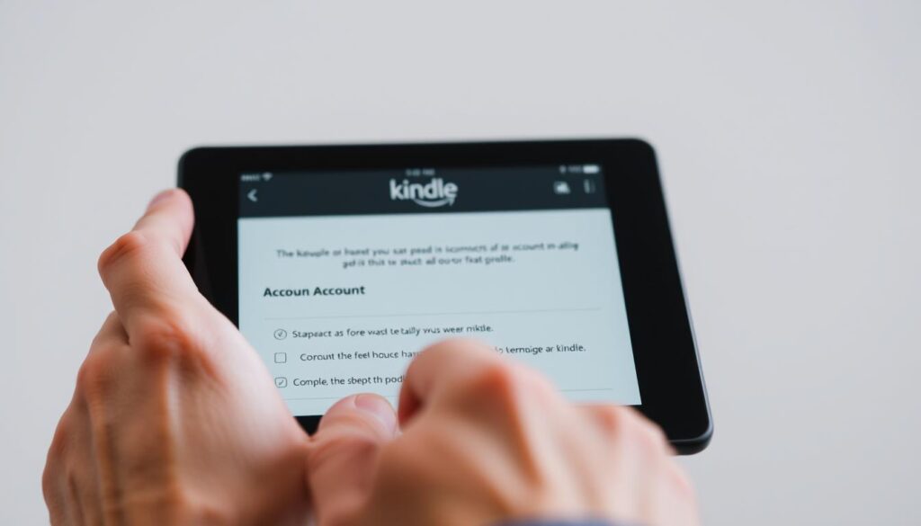 A well-lit, close-up view of a person's hands using a tablet or e-reader device, likely a Kindle. The foreground focuses on the hands manipulating the device, with details of the fingers, thumbs, and the Kindle's physical buttons and controls. The middle ground shows the Kindle's screen displaying a user interface or account registration process. The background is blurred, but suggests a clean, minimalist setting, allowing the Kindle and the hands to be the central focus. The overall atmosphere is one of focus, efficiency, and the ease of setting up a new Kindle device.