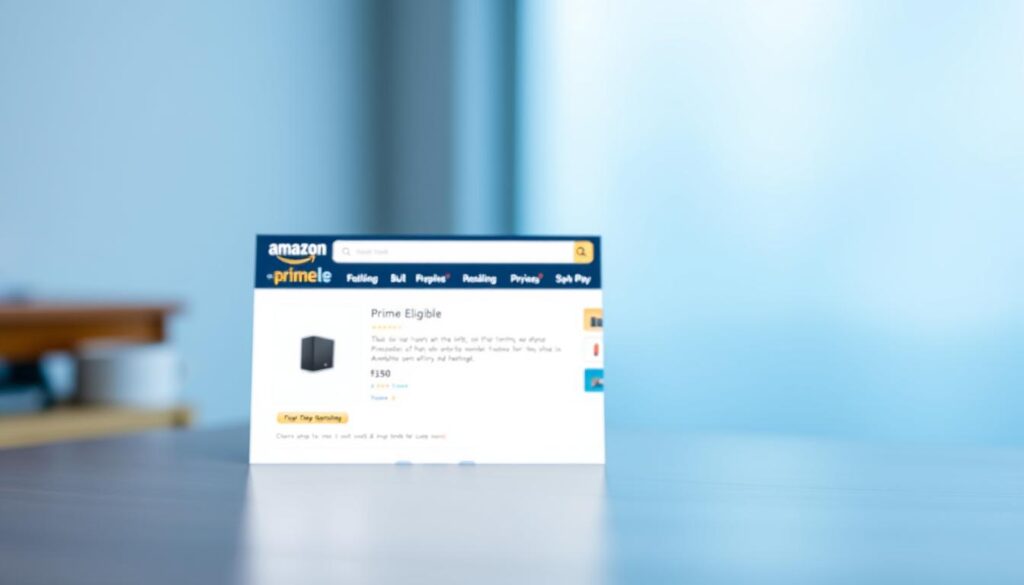 A well-lit product detail page showcasing an Amazon Prime eligible item. The foreground features the product image with a clean, minimalist style and warm lighting. The middle ground displays the product title, description, price, and Prime shipping options in a sleek, organized layout. The background has a soft, blurred gradient in shades of blue and gray, creating a modern, premium aesthetic. The entire scene conveys a sense of high-quality, reliable, and hassle-free shopping experience with Amazon Prime.