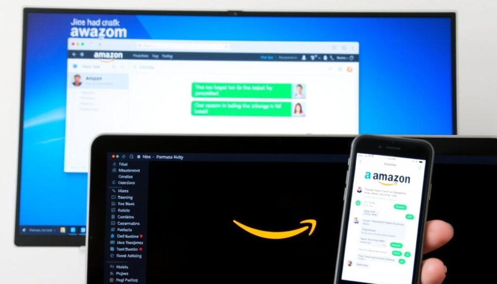 Amazon live chat interface on desktop and mobile showing how to contact Amazon customer service 24/7