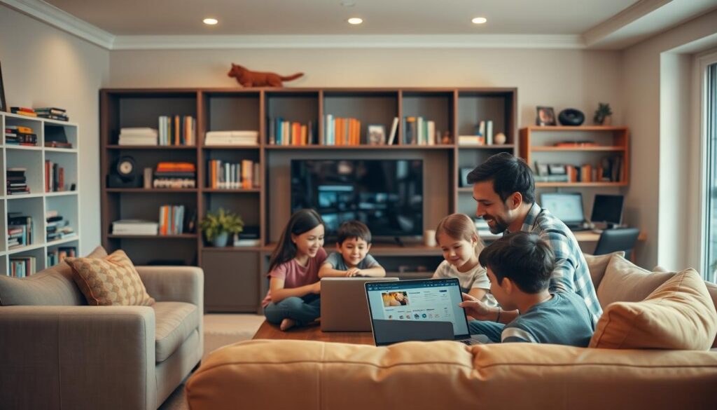 An inviting household interior showcasing the benefits of Amazon Household. A warm, well-lit living room with plush seating and a large flat-screen TV. In the foreground, a family gathered around a laptop, exploring Prime features and managing shared accounts. The middle ground features shelves stocked with books, electronics, and other Amazon products. The background reveals a cozy home office setup, hinting at the convenience of Amazon's smart home integrations. The overall mood is one of comfort, connectivity, and the effortless sharing of Prime membership perks within a close-knit family.