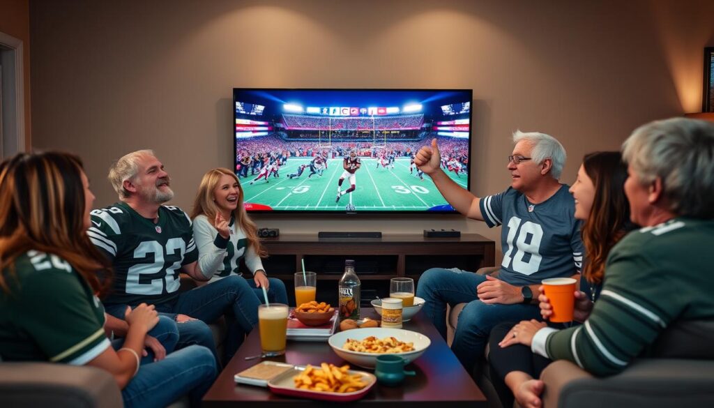 Family watching Thursday Night Football together on a large TV