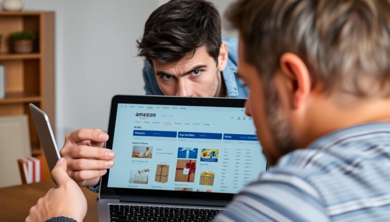 Person looking concerned at shared Amazon account showing gift purchases