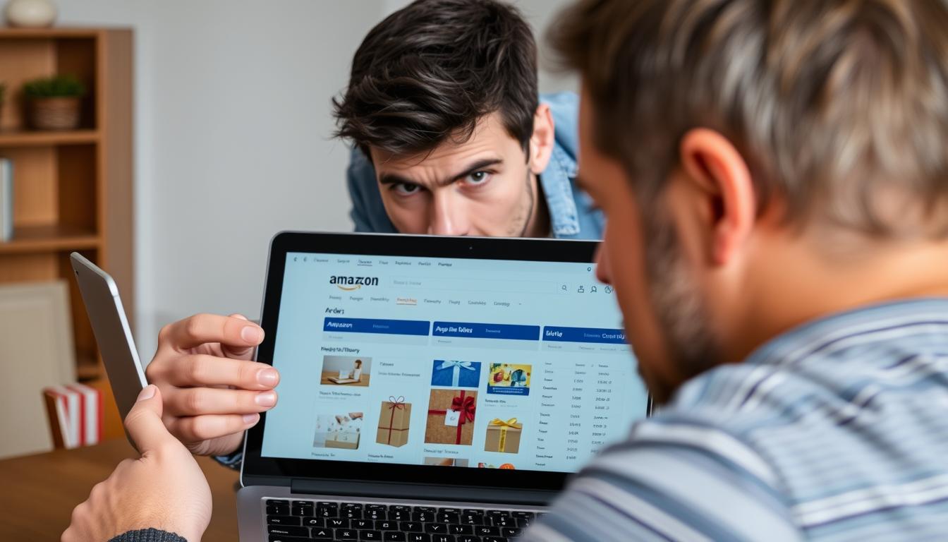 Person looking concerned at shared Amazon account showing gift purchases