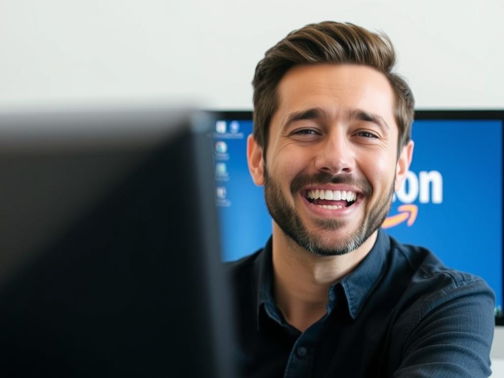 Person speaking with Amazon customer service on phone with a smile