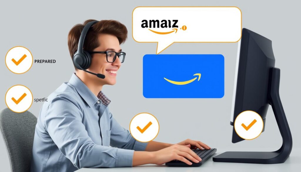 Person successfully resolving an Amazon customer service issue with visual checkmarks for best practices