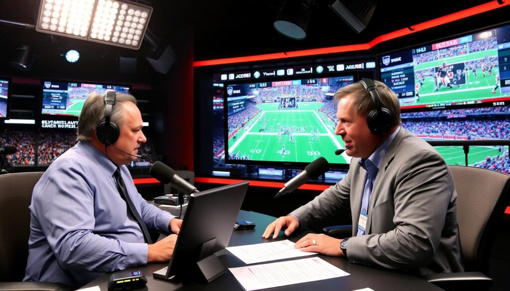 Thursday Night Football broadcast booth with commentators