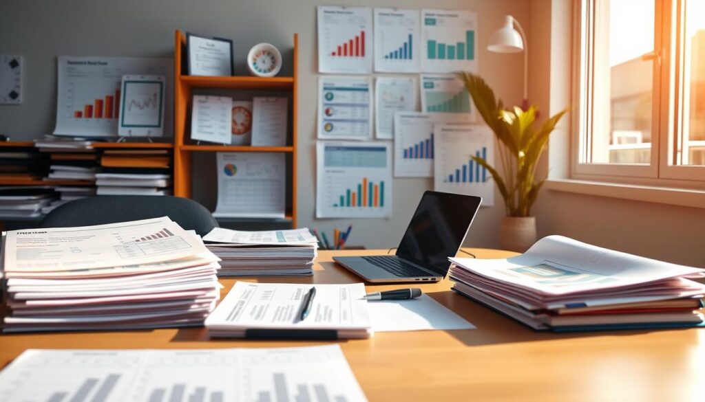 Vibrant and organized office space with a well-lit desk displaying multiple business invoices, financial reports, and charts. Neatly stacked documents, along with a laptop and tablet, create a professional atmosphere. Warm lighting from a nearby window casts a soft glow, highlighting the attention to detail. The overall scene conveys the importance of effective invoicing, detailed reporting, and streamlined team purchasing for an Amazon business.