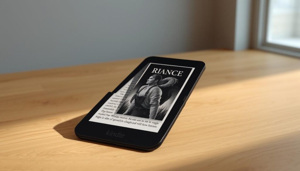 a high-quality, realistic 3D render of a Kindle e-reader device with an open book displayed on the screen, placed on a wooden surface with a soft, warm lighting illuminating the scene. The book cover should feature an enticing title and eye-catching artwork, reflecting the content and genre of the publication. The background should be minimalist, with subtle textures and soft shadows to draw the viewer's attention to the Kindle and the book. The overall composition should convey a sense of simplicity, elegance, and the joy of reading on a digital platform. a high-quality, realistic 3D render of a Kindle e-reader device with an open book displayed on the screen, placed on a wooden surface with a soft, warm lighting illuminating the scene. The book cover should feature an enticing title and eye-catching artwork, reflecting the content and genre of the publication. The background should be minimalist, with subtle textures and soft shadows to draw the viewer's attention to the Kindle and the book. The overall composition should convey a sense of simplicity, elegance, and the joy of reading on a digital platform.