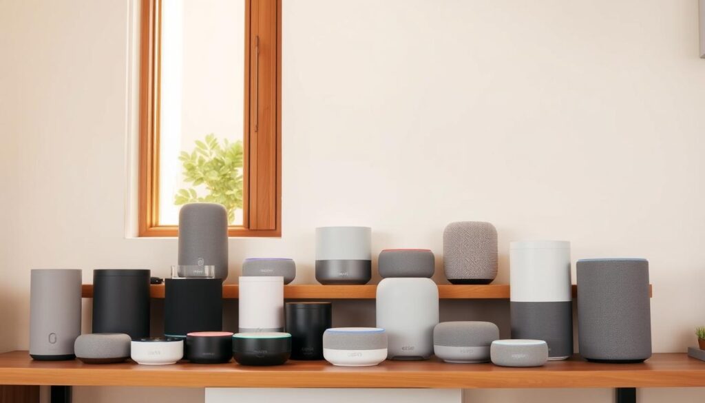 A neatly arranged display of sleek, modern smart speakers in a warm, inviting home setting. The speakers are showcased on a wooden shelf against a white wall, illuminated by soft, natural lighting from a nearby window. In the foreground, a variety of shapes and sizes - from compact cylinders to larger, rectangular designs - illustrate the diverse options available as alternatives to the iconic Amazon Echo Dot. The speakers feature muted, neutral tones that seamlessly blend with the decor, creating a harmonious, minimalist aesthetic. The scene evokes a sense of technological advancement and thoughtful home integration, inviting the viewer to consider the various smart speaker choices beyond the traditional Echo lineup.