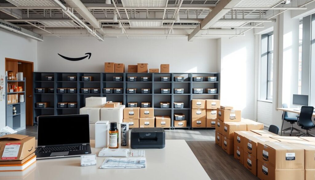 A neatly organized and well-lit Amazon returns center, with a prominent counter in the foreground featuring a laptop, label printer, and assorted packing supplies. The middle ground showcases a series of labeled bins and shelves, while the background features a clean, minimalist office space with large windows allowing natural light to fill the room. The overall atmosphere conveys a sense of efficiency and professionalism, reflecting the step-by-step process of returning a gift on Amazon. A neatly organized and well-lit Amazon returns center, with a prominent counter in the foreground featuring a laptop, label printer, and assorted packing supplies. The middle ground showcases a series of labeled bins and shelves, while the background features a clean, minimalist office space with large windows allowing natural light to fill the room. The overall atmosphere conveys a sense of efficiency and professionalism, reflecting the step-by-step process of returning a gift on Amazon.
