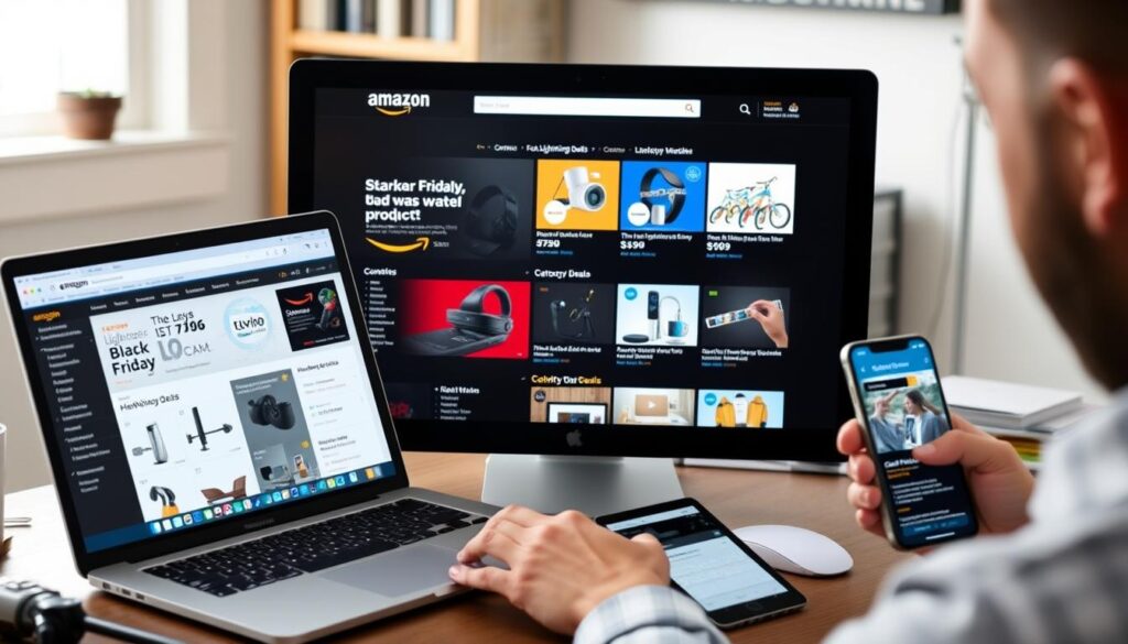 Multiple devices showing Amazon Black Friday shopping interfaces