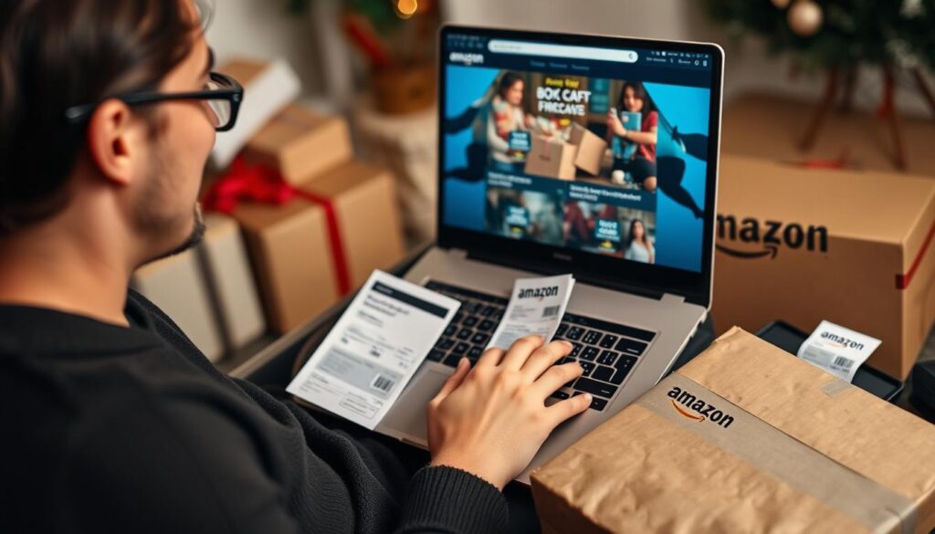 Person successfully completing Amazon Black Friday shopping with packages and receipts showing savings