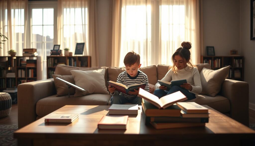 A cozy living room setting featuring a family gathered around a coffee table, engaging with Kindle devices. In the foreground, an adult dressed in business casual attire is showing a digital book to a child, who is eagerly leaning forward. The middle ground includes a plush sofa with cushions and a small bookshelf lined with both physical books and Kindle devices. In the background, large windows allow warm sunlight to filter through sheer curtains, creating a welcoming atmosphere. Soft shadows dance on the walls, enhancing the sense of comfort. The focus is balanced, with a slight depth of field emphasizing the family interaction. The overall mood is inviting, symbolizing connection and shared experiences through literature in the context of an Amazon Household.