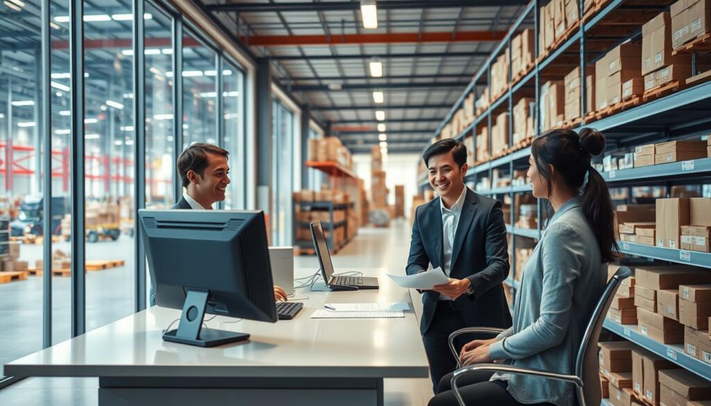 A modern office environment depicting a friendly customer service representative engaged in a returns process. In the foreground, a young professional in business attire is assisting a customer at a sleek desk with a computer and inventory documents, emphasizing a focused, cooperative mood. The middle ground showcases shelves stocked with various products ready for return, neatly organized to reflect efficient inventory management. In the background, large windows allow vibrant, natural light to flood the space, highlighting a bustling distribution center visible outside, symbolizing connectivity and logistics. The atmosphere is vibrant yet professional, suggesting seamless integration of customer service and returns management within an optimized supply chain.
