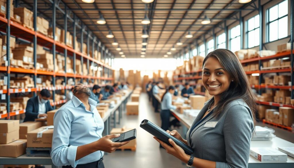 A vibrant, well-lit warehouse interior bustling with activity, showcasing a diverse group of employees in professional attire working efficiently. In the foreground, a smiling woman scans packages with a handheld device, signifying fulfillment and teamwork. The middle space features employees sorting items at long tables, with shelves stocked high with boxes, illustrating the busy workflow. The background shows an expanse of organized shelving and the sunlight streaming in through large windows, creating a warm, inviting atmosphere. The scene captures the essence of diligence and productivity, with a focus on cooperation and structured schedules. Use bright, clear lighting to enhance the feeling of fulfillment while maintaining a professional ambiance. A vibrant, well-lit warehouse interior bustling with activity, showcasing a diverse group of employees in professional attire working efficiently. In the foreground, a smiling woman scans packages with a handheld device, signifying fulfillment and teamwork. The middle space features employees sorting items at long tables, with shelves stocked high with boxes, illustrating the busy workflow. The background shows an expanse of organized shelving and the sunlight streaming in through large windows, creating a warm, inviting atmosphere. The scene captures the essence of diligence and productivity, with a focus on cooperation and structured schedules. Use bright, clear lighting to enhance the feeling of fulfillment while maintaining a professional ambiance.